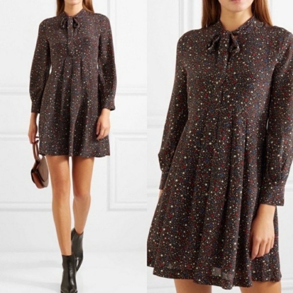 Madewell multicolor A-line star night print Dress with Bishop Sleeves 💯 Silk